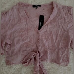 Lulus Pink Floral Tie Front Crop Top Size S NWT